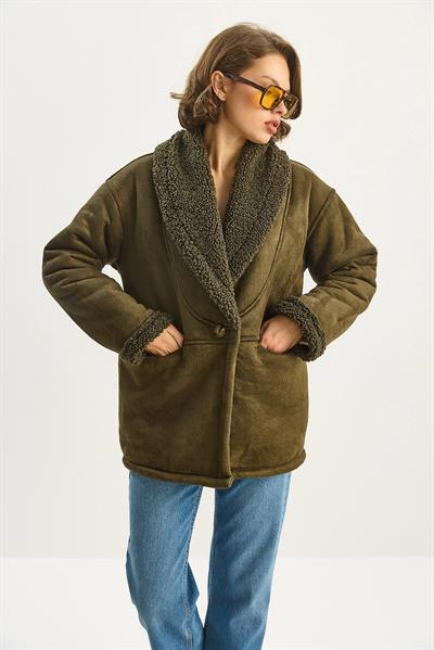 Kadın İçi Kürklü Cep Detaylı Şal Yaka Süet Kaban 2656 60283560 - Haki