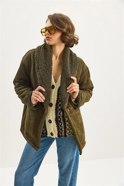 Kadın İçi Kürklü Cep Detaylı Şal Yaka Süet Kaban 2656 60283560 - Haki