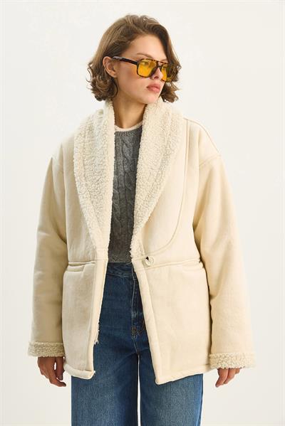 Kadın İçi Kürklü Cep Detaylı Şal Yaka Süet Kaban 2656 60283560 - Krem