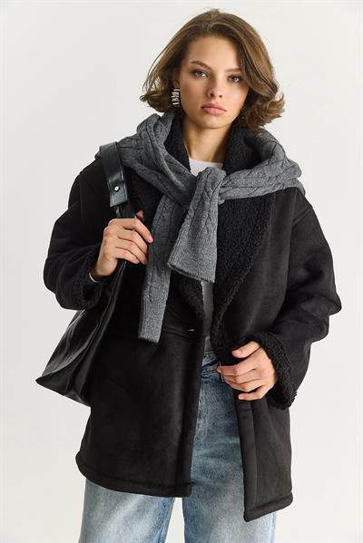 Kadın İçi Kürklü Cep Detaylı Şal Yaka Süet Kaban 2656 60281560 - Siyah