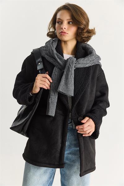 Kadın İçi Kürklü Cep Detaylı Şal Yaka Süet Kaban 2656 60281560 - Siyah