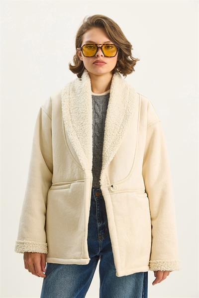 Kadın İçi Kürklü Cep Detaylı Şal Yaka Süet Kaban 2656 60283560 - Krem