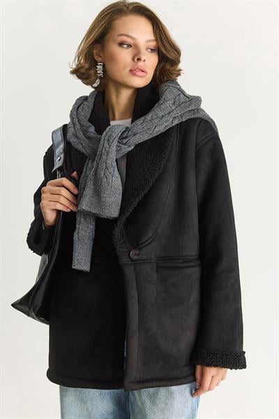 Kadın İçi Kürklü Cep Detaylı Şal Yaka Süet Kaban 2656 60281560 - Siyah