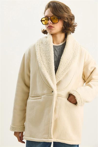 Kadın İçi Kürklü Cep Detaylı Şal Yaka Süet Kaban 2656 60283560 - Krem