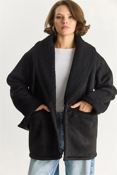 Kadın İçi Kürklü Cep Detaylı Şal Yaka Süet Kaban 2656 60281560 - Siyah