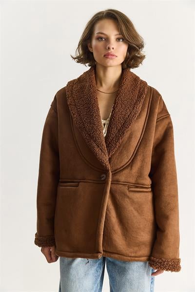 Kadın İçi Kürklü Cep Detaylı Şal Yaka Süet Kaban 2656 60281560 - Açık Kahve