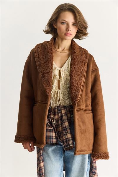 Kadın İçi Kürklü Cep Detaylı Şal Yaka Süet Kaban 2656 60281560 - Açık Kahve