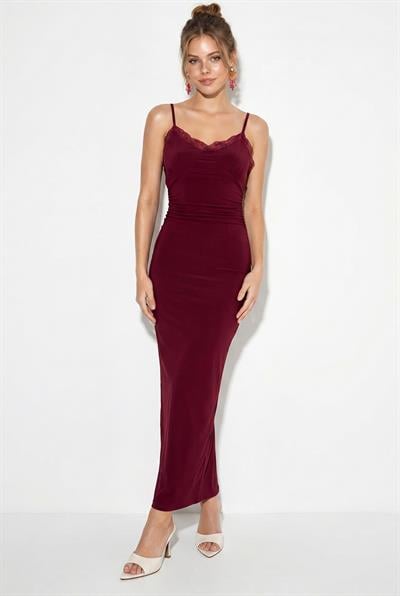 Kadın İnce Askılı Dantel Detaylı V Yaka Vücuda Oturan Maxi Elbise 2338 60286243 - Bordo