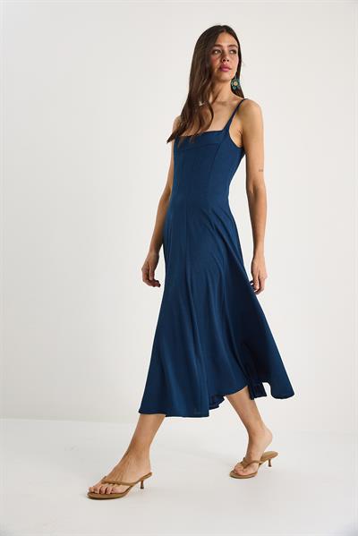 Kadın İnce Askılı Godeli Kare Yaka Midi Elbise 7001 60283327 - Lacivert