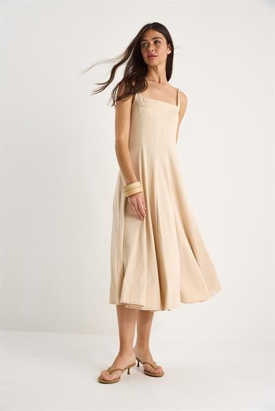 Kadın İnce Askılı Godeli Kare Yaka Midi Elbise 7001 60283327 - Bej