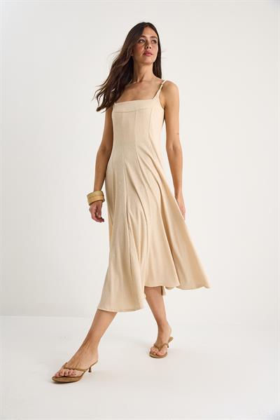 Kadın İnce Askılı Godeli Kare Yaka Midi Elbise 7001 60283327 - Bej