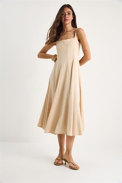 Kadın İnce Askılı Godeli Kare Yaka Midi Elbise 7001 60283327 - Bej