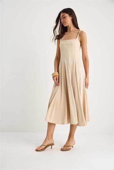Kadın İnce Askılı Godeli Kare Yaka Midi Elbise 7001 60283327 - Bej