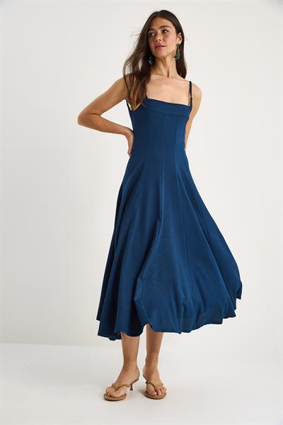 Kadın İnce Askılı Godeli Kare Yaka Midi Elbise 7001 60283327 - Lacivert