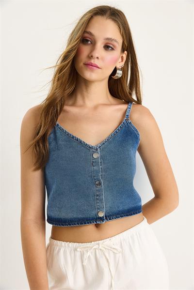 Kadın İnce Askılı V Yaka Crop Denim Bluz 6079 60281078 - Mavi