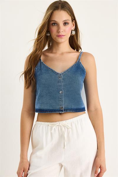 Kadın İnce Askılı V Yaka Crop Denim Bluz 6079 60281078 - Mavi