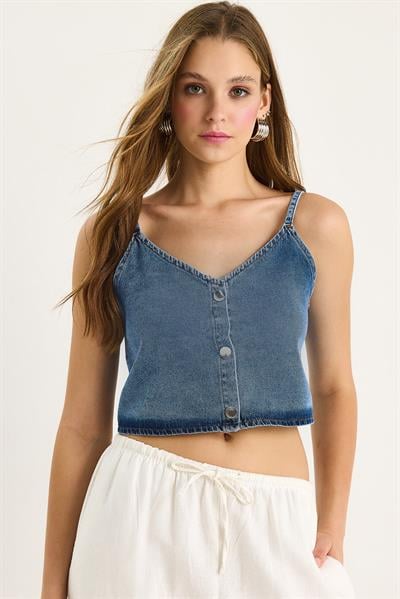 Kadın İnce Askılı V Yaka Crop Denim Bluz 6079 60281078 - Mavi