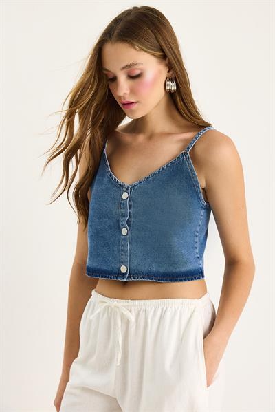 Kadın İnce Askılı V Yaka Crop Denim Bluz 6079 60281078 - Mavi