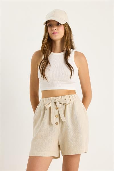 Kadın İnce Çizgili Beli Lastikli Düğme ve İp Aksesuarlı Keten Şort 2536 60281092 - Bej