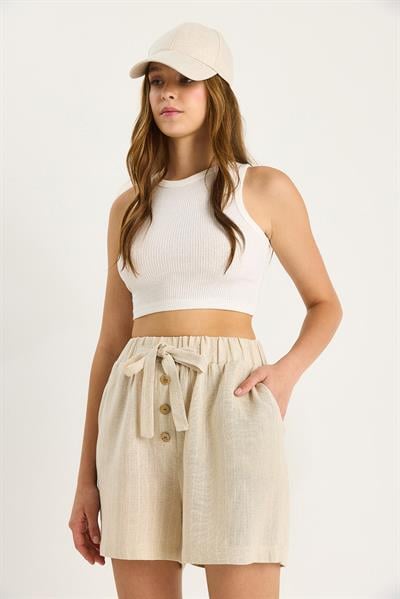 Kadın İnce Çizgili Beli Lastikli Düğme ve İp Aksesuarlı Keten Şort 2536 60281092 - Bej