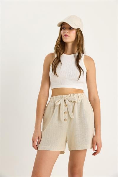Kadın İnce Çizgili Beli Lastikli Düğme ve İp Aksesuarlı Keten Şort 2536 60281092 - Bej