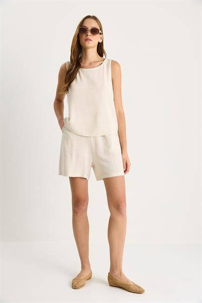 Kadın İnce Viskon Keten Bluz Şort Takım 60282024 - Bej