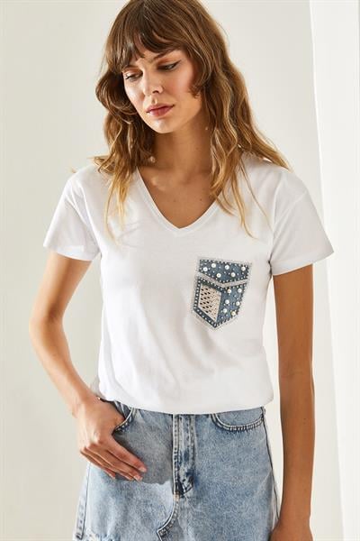 Kadın İncili Taş Çakmalı Kot Detaylı Penye T-Shirt 60251289 - Beyaz