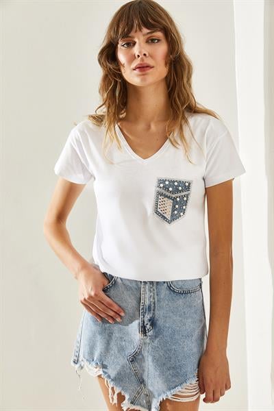 Kadın İncili Taş Çakmalı Kot Detaylı Penye T-Shirt 60251289 - Beyaz