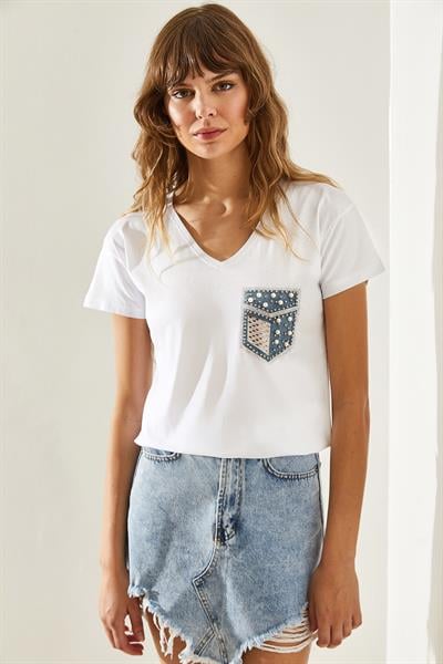 Kadın İncili Taş Çakmalı Kot Detaylı Penye T-Shirt 60251289 - Beyaz