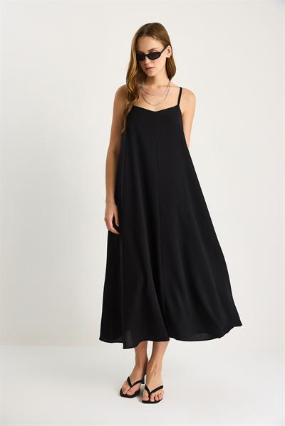 Kadın İp Askılı Astarlı Dökümlü Rahat Yazlık Elbise 5247 60281074 - Siyah