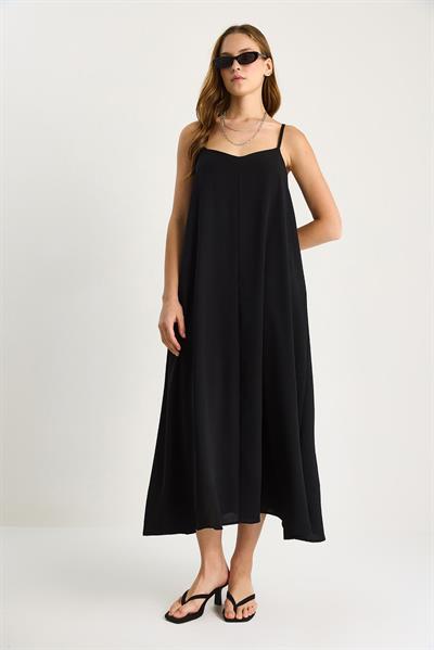 Kadın İp Askılı Astarlı Dökümlü Rahat Yazlık Elbise 5247 60281074 - Siyah