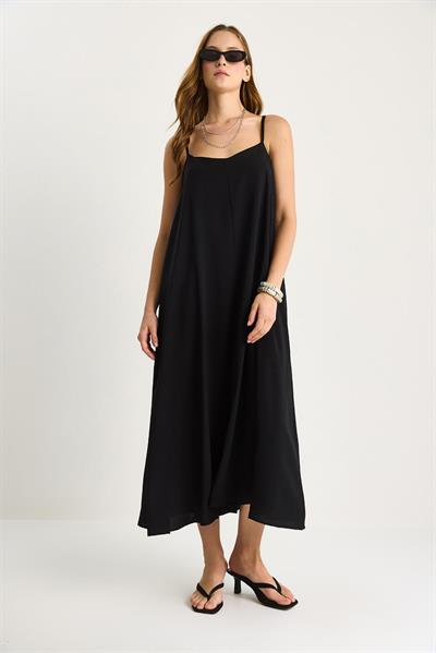 Kadın İp Askılı Astarlı Dökümlü Rahat Yazlık Elbise 5247 60281074 - Siyah