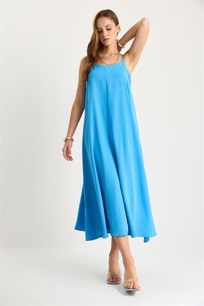 Kadın İp Askılı Astarlı Dökümlü Rahat Yazlık Elbise 5247 60281074 - Gök Mavisi
