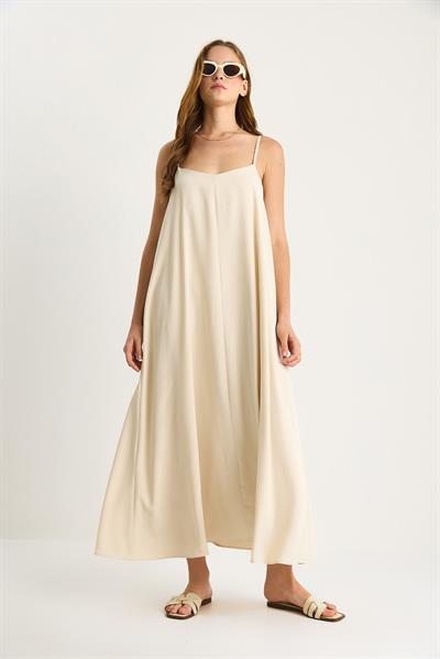 Kadın İp Askılı Astarlı Dökümlü Rahat Yazlık Elbise 5247 60281074 - Bej