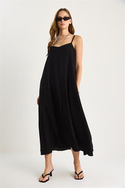 Kadın İp Askılı Astarlı Dökümlü Rahat Yazlık Elbise 5247 60281074 - Siyah