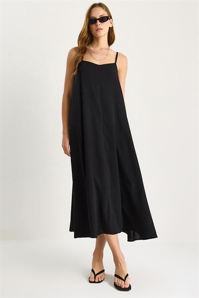Kadın İp Askılı Astarlı Dökümlü Rahat Yazlık Elbise 5247 60281074 - Siyah