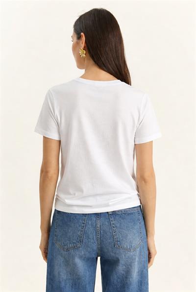 Kadın Kabartma Çiçek Aplikeli Yazı Baskılı Basic T-Shirt 7524 60283951 - Beyaz