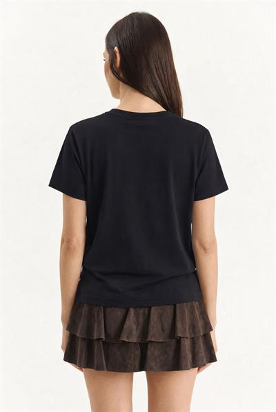 Kadın Kabartma Çiçek Aplikeli Yazı Baskılı Basic T-Shirt 7524 60283951 - Siyah