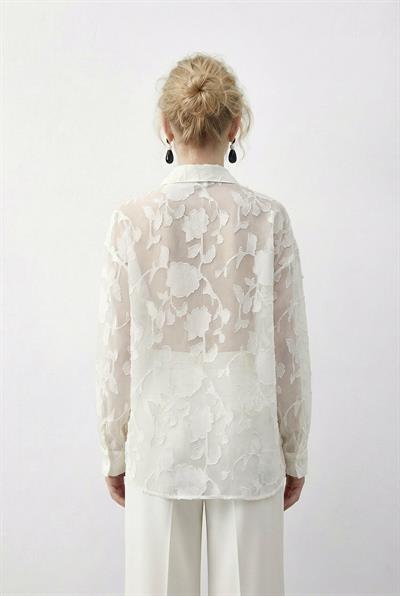 Kadın Kabartma Gül Desenli Transparan Şifon Gömlek 354 60286028 - Ekru