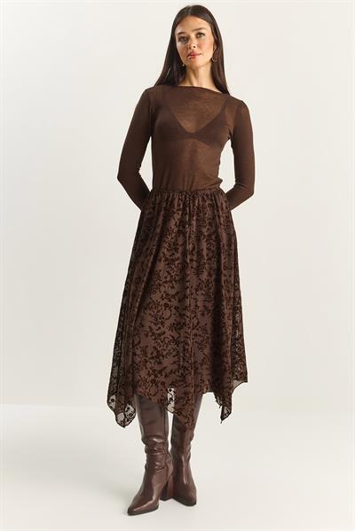 Kadın Kadife Desenli Astarlı Asimetrik Kesim Beli Lastikli Midi Etek DE251125 60283880 - Acı Kahve