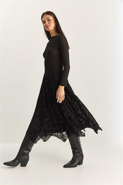 Kadın Kadife Desenli Astarlı Asimetrik Kesim Beli Lastikli Midi Etek DE251125 60283880 - Siyah