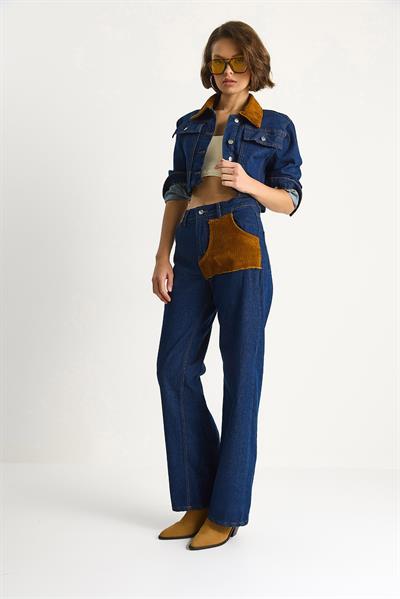 Kadın Kadife Yaka Ceket Renk Bloklu Wide Leg Pantolon Denim Takım 6087 60283532 - Lacivert