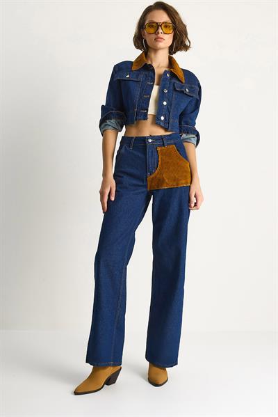 Kadın Kadife Yaka Ceket Renk Bloklu Wide Leg Pantolon Denim Takım 6087 60283532 - Lacivert