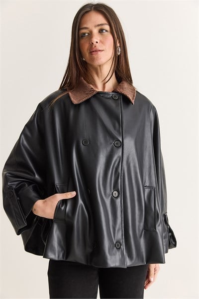 Kadın Kadife Yaka Çift Düğmeli Astarlı Oversize Suni Deri Panço 1160 60286761 - Siyah