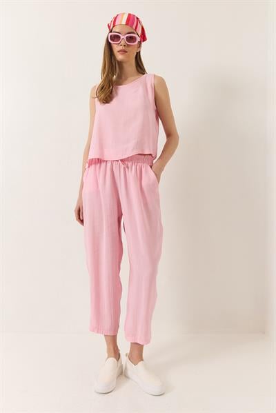 Kadın Kalın Askılı Bluz Beli Lastikli Pantolon Modal Takım 3089 60283231 - Toz Pembe