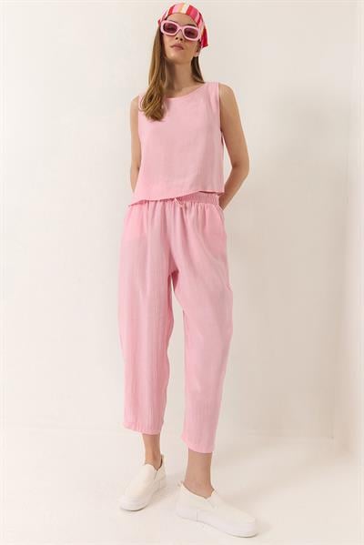 Kadın Kalın Askılı Bluz Beli Lastikli Pantolon Modal Takım 3089 60283231 - Toz Pembe