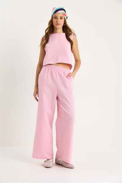 Kadın Kalın Askılı Bluz Beli Lastikli Cep Detaylı Bol Pantolonlu Keten Takım 9384 60281086 - Toz Pembe