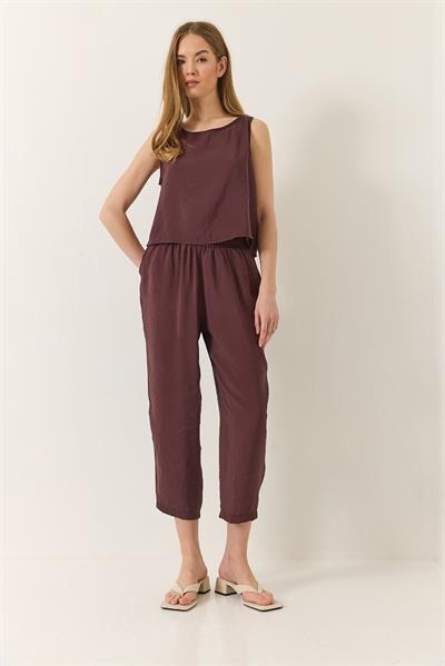 Kadın Kalın Askılı Bluz Beli Lastikli Pantolon Modal Takım 3089 60283231 - Patlıcan