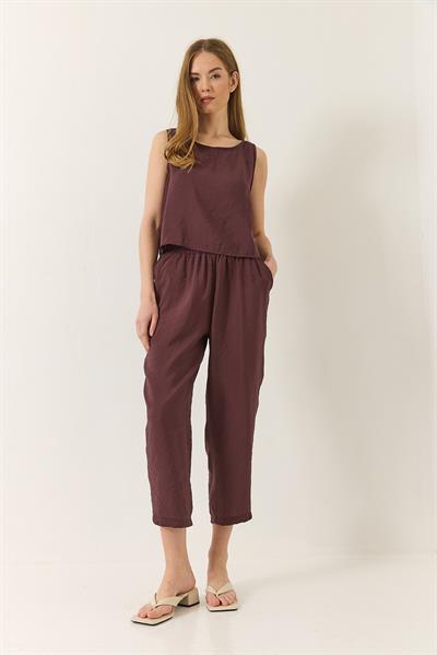 Kadın Kalın Askılı Bluz Beli Lastikli Pantolon Modal Takım 3089 60283231 - Patlıcan