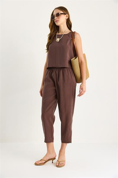 Kadın Kalın Askılı Bluz Beli Lastikli Pantolon Modal Takım 3089 60283231 - Cappuccino